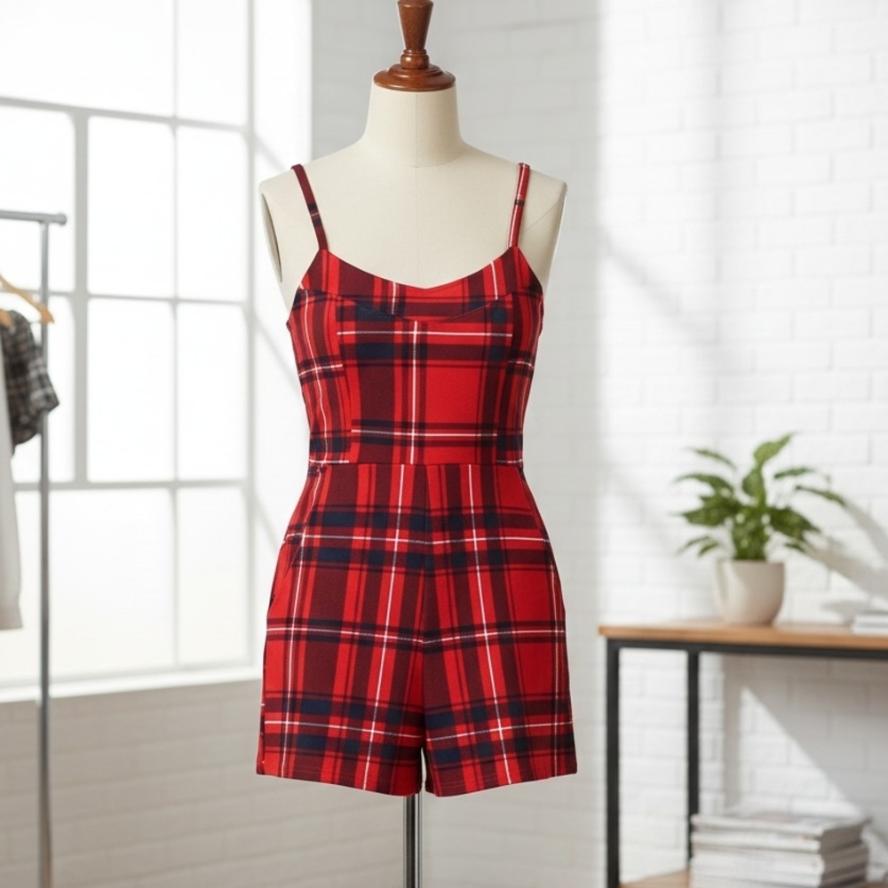 Almost Famous Red and Black Plaid Jumpsuit